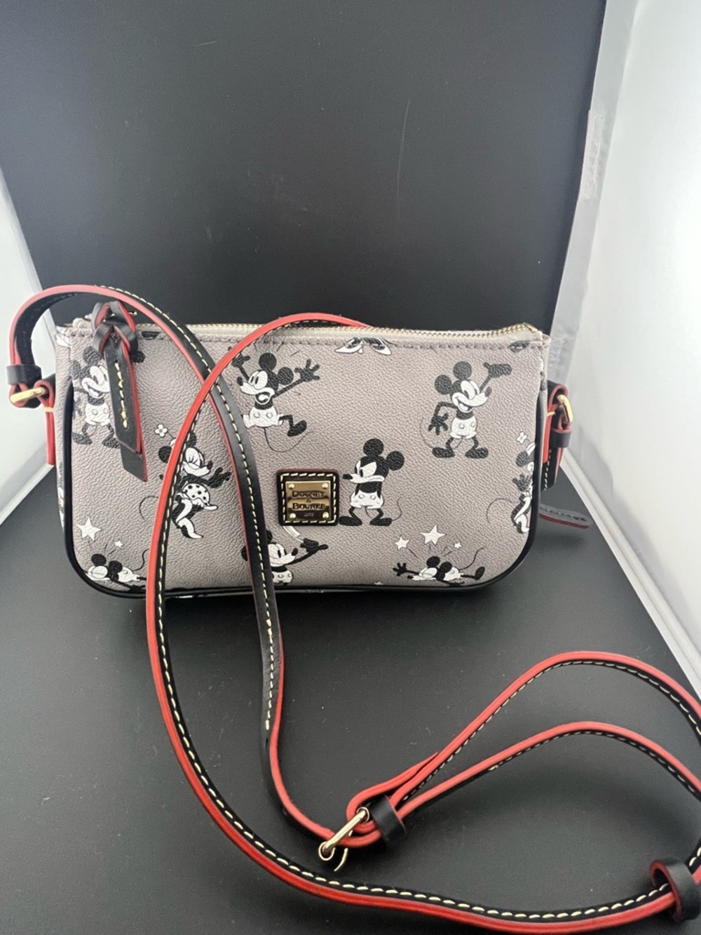 Dooney & Bourke Gray Crossbody Bag with Red-Trim Strap